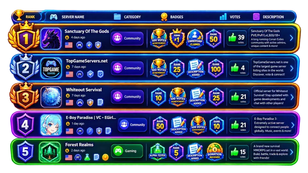 Achievement badges shown on ranked Discord server listings