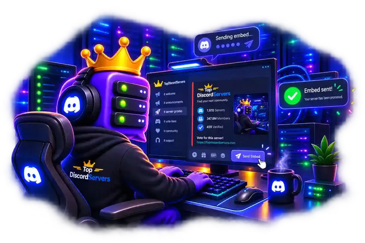 TopDiscordServers mascot supporting a Discord community