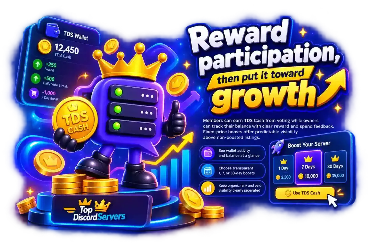 TopDiscordServers mascot beside rewards and boost controls